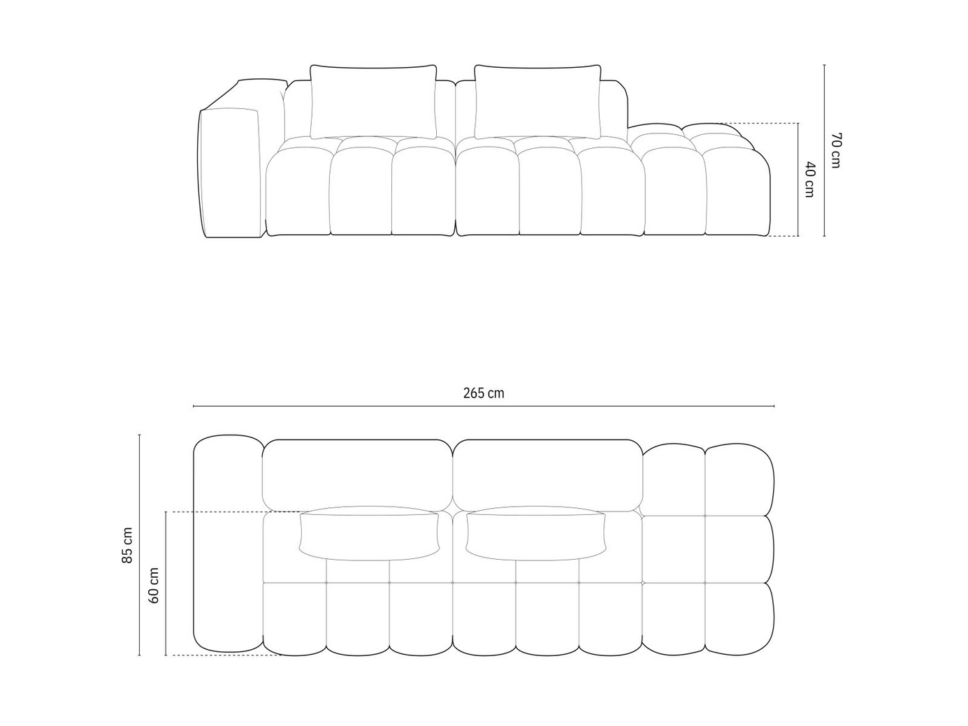 Cosmopolitan Design venstrevendt modulsofa, "Verona", 4-personers, 265 × 85 × 70 cm, Sorella, sorte plastben