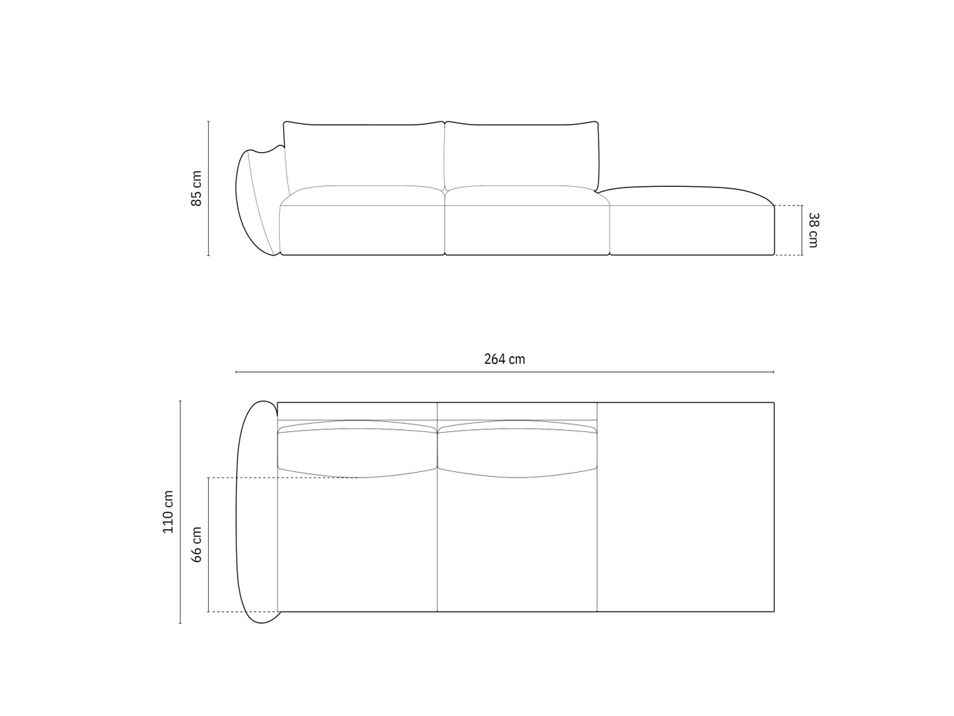 Cosmopolitan Design højrevendt sofa, "Matera", 4-personers, 264 × 110 × 85 cm, Haga, sorte plastben