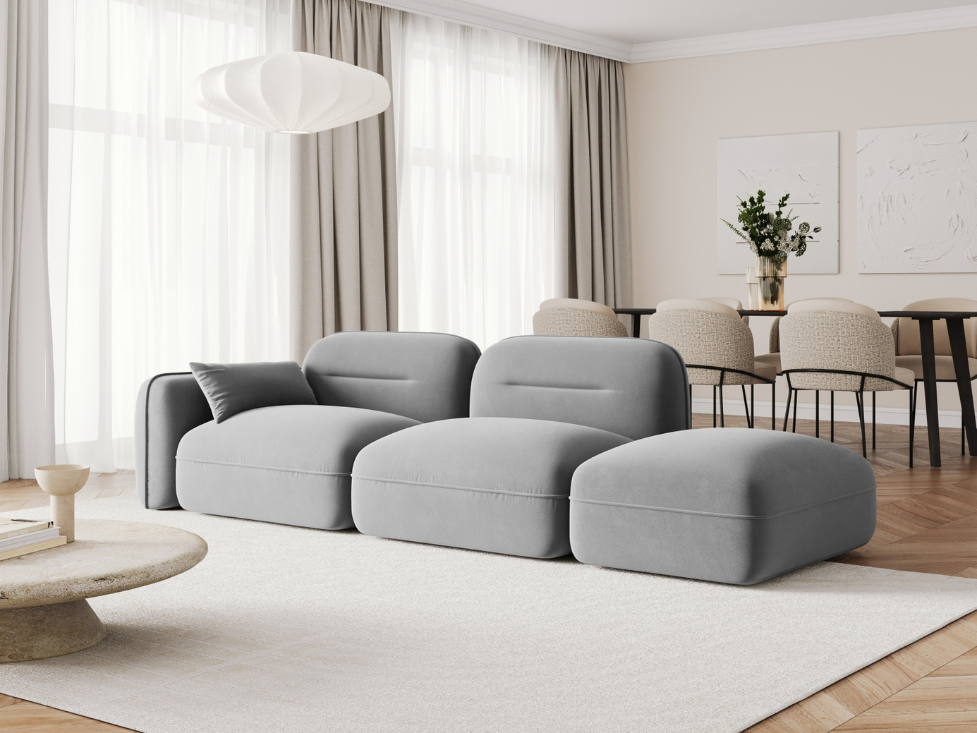 Cosmopolitan Design højrevendt velourmodulsofa, "Sydney", 3-personers, 295 × 90 × 70 cm, Casino, sorte plastben