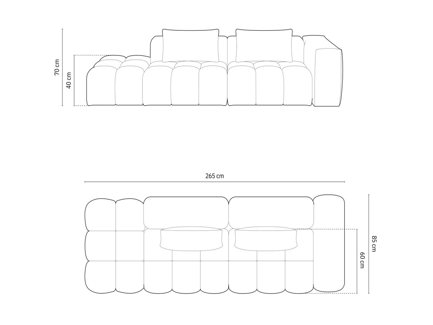 Cosmopolitan Design højrevendt modulsofa, "Verona", 4-personers, 265 × 85 × 70 cm, Sorella, sorte plastben