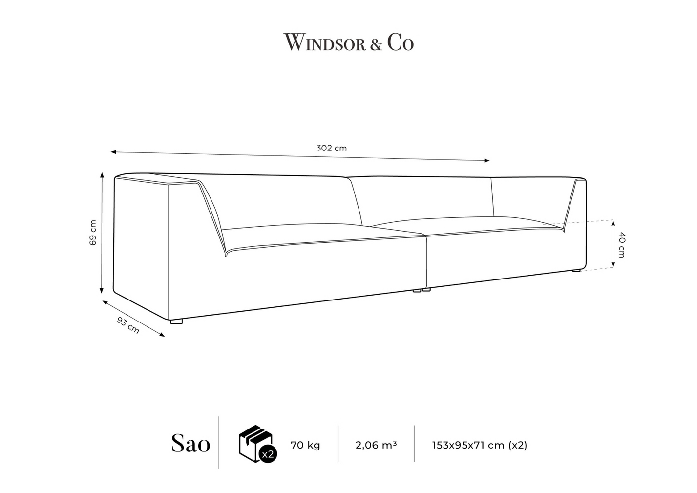 Cosmopolitan Design sofa, "Siena", 4-personers, 302 × 93 × 69 cm, Scala, sorte plastben
