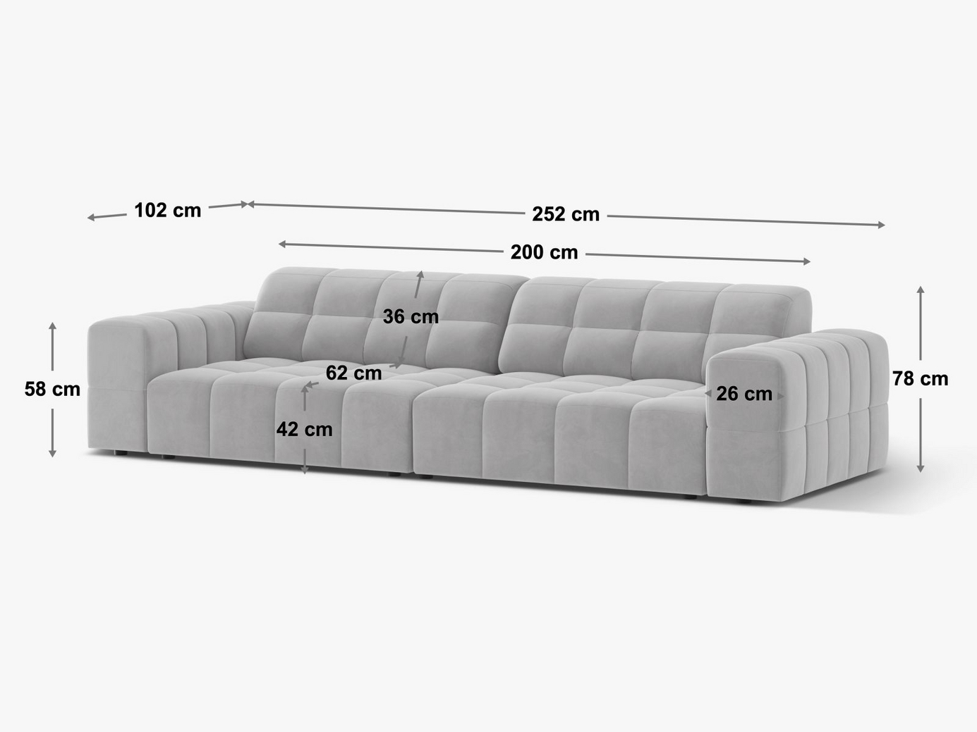 Cosmopolitan Design sofa, "Chicago", 4-personers, 252 × 102 × 78 cm, Eden 10, sorte plastben