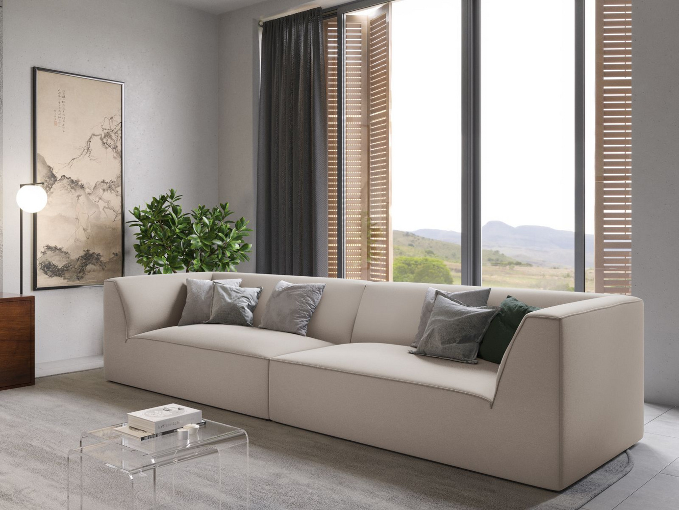 Cosmopolitan Design veloursofa, "Siena", 4-personers, 302 × 93 × 69 cm, Salvador, sorte plastben