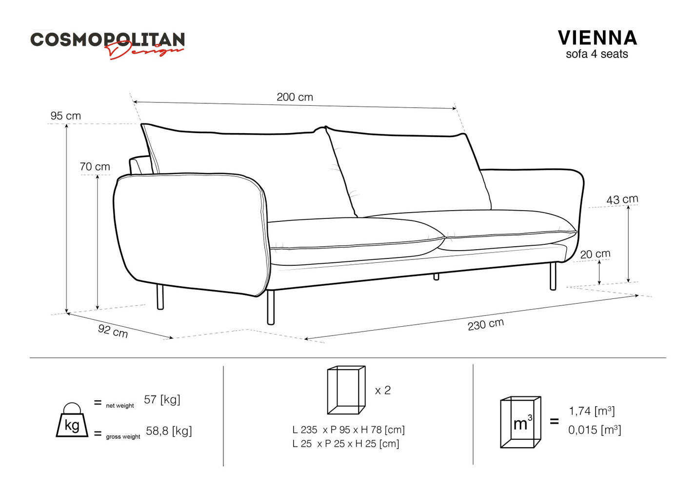 Cosmopolitan Design sofa, "Vienna", 4-personers, 230 × 92 × 95 cm, Positano, guldfarvede metalben
