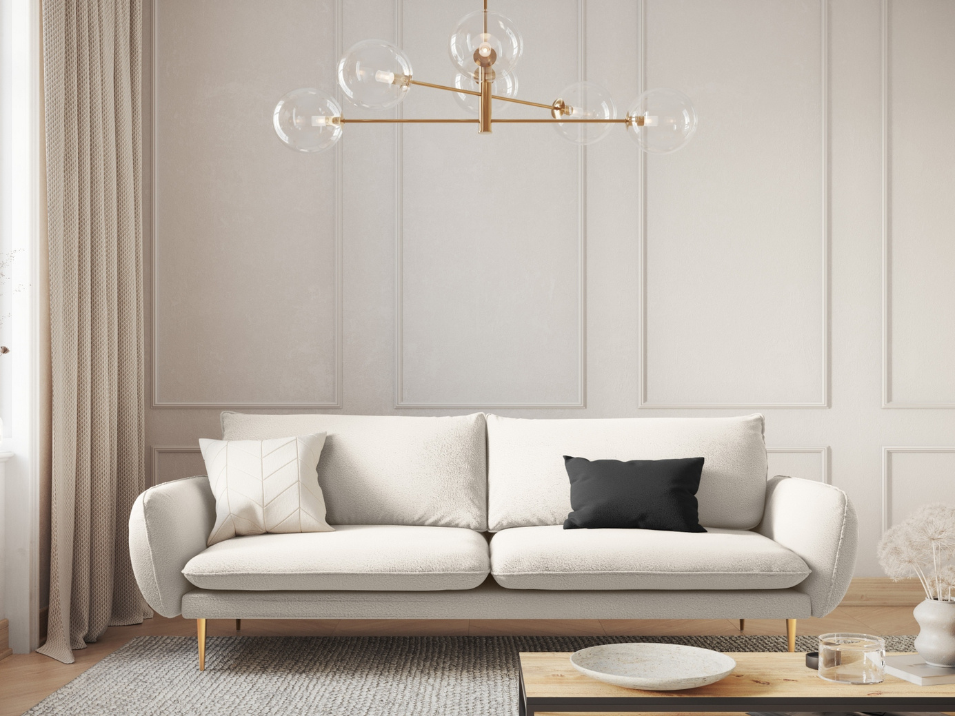 Cosmopolitan Design bouclé-sofa, "Vienna", 4-personers, 230 × 92 × 95 cm, Ascot, guldfarvede metalben