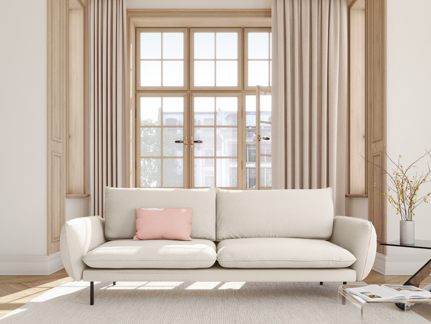 Cosmopolitan Design bouclé-sofa, "Vienna", 4-personers, 230 × 92 × 95 cm, Ascot, sorte metalben