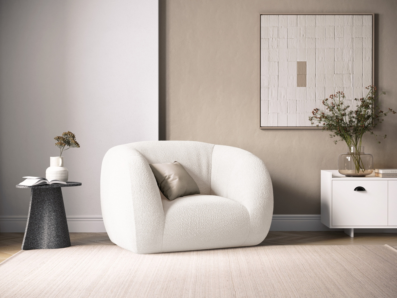 Cosmopolitan Design bouclé-lænestol, "Essen", 1-personers, 130 × 95 × 86 cm, Baloo, sorte plastben