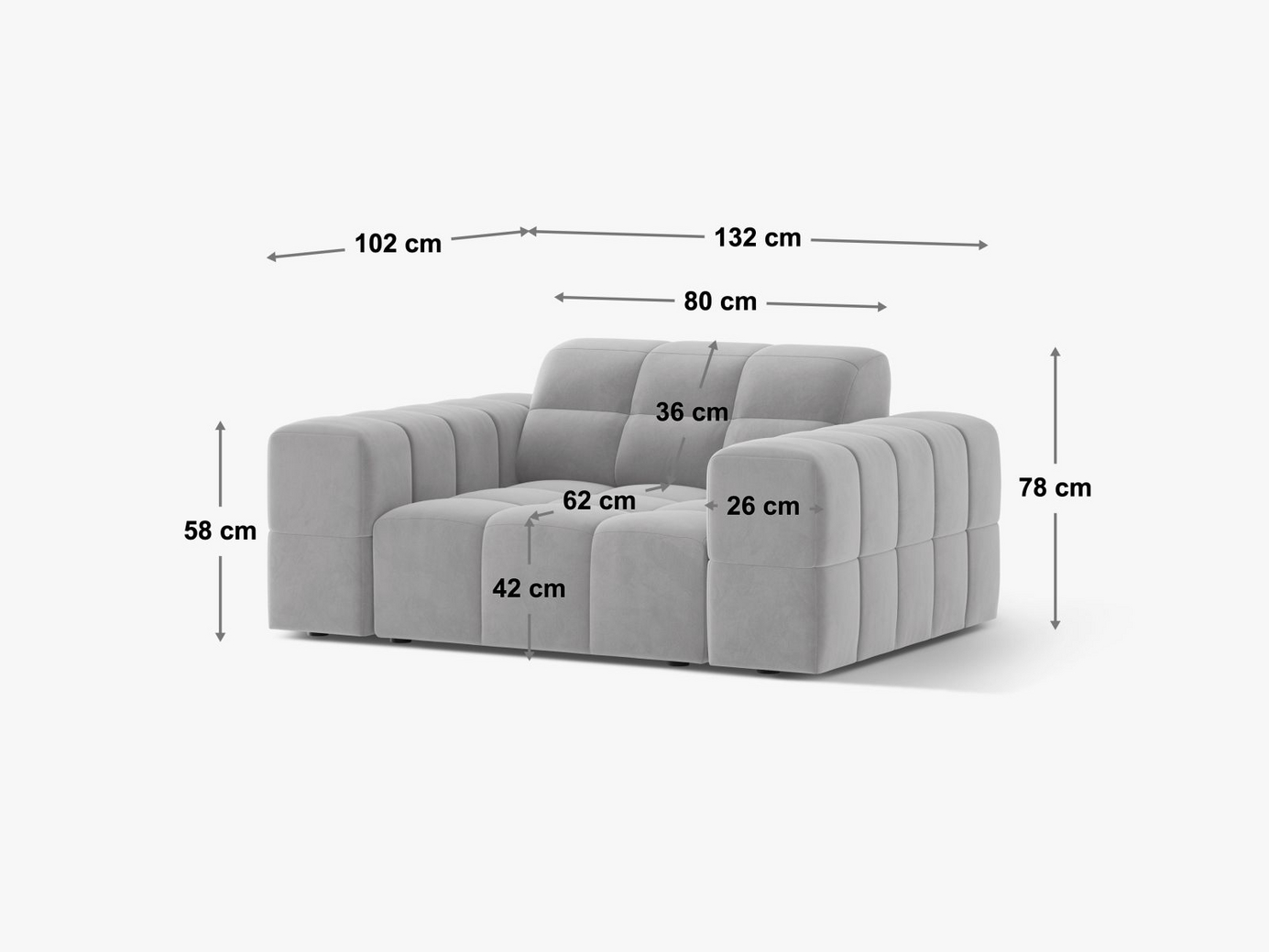 Cosmopolitan Design velourlænestol, "Chicago", 1-personers, 132 × 102 × 78 cm, Venus, sorte plastben