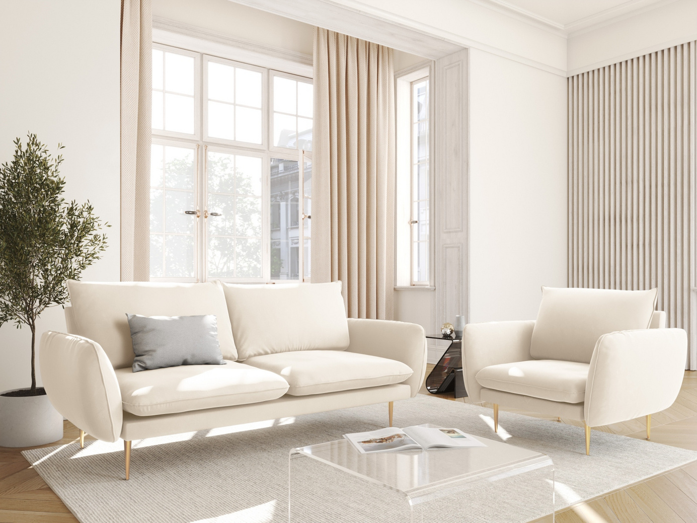 Cosmopolitan Design velourlænestol, "Vienna", 1-personers, 97 × 94 × 95 cm, Bluvel, guldfarvede metalben