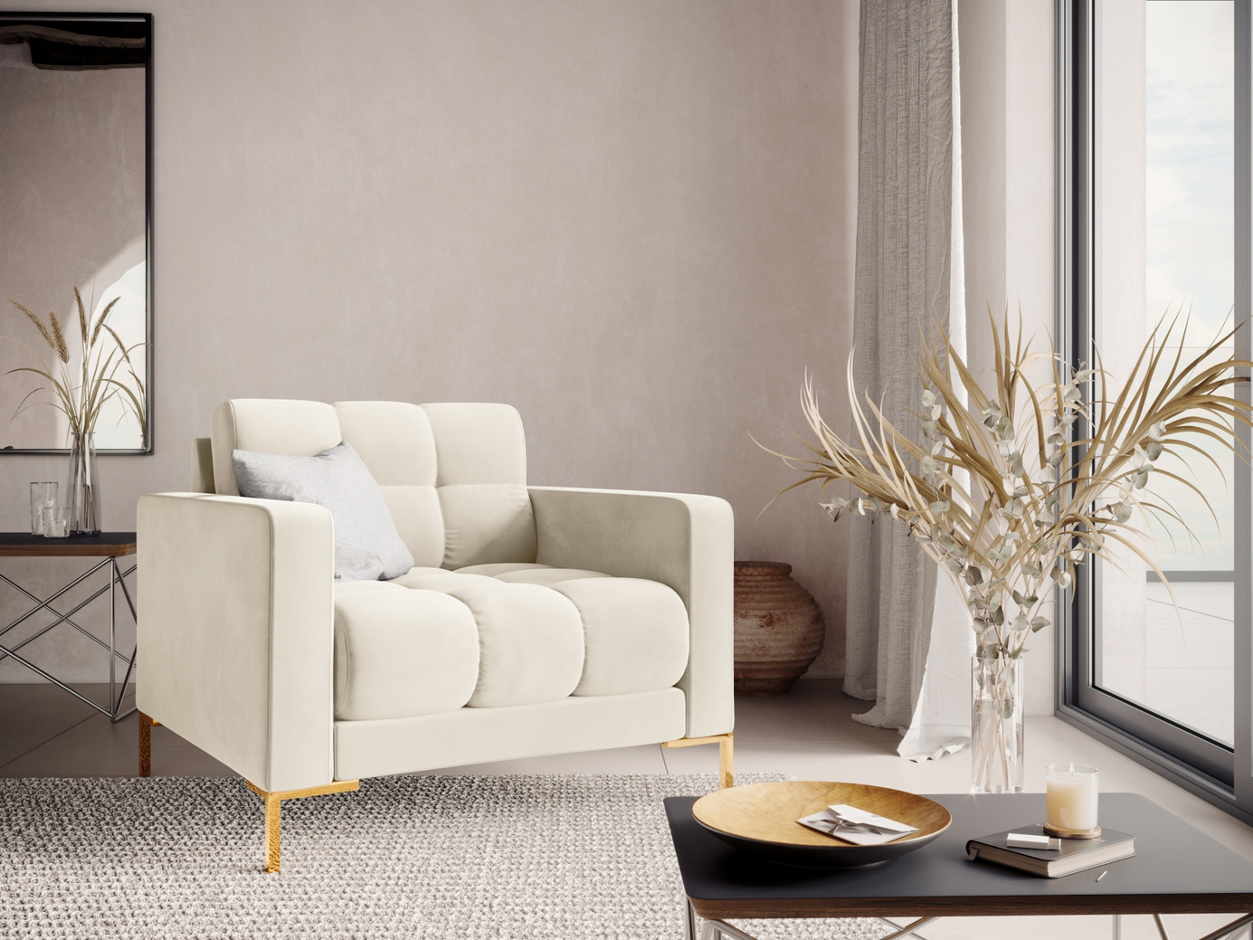 Cosmopolitan Design velourlænestol, "Bali", 1-personers, 87 × 96 × 75 cm, Bluvel, guldfarvede metalben