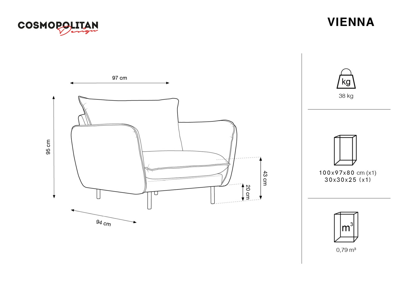 Cosmopolitan Design velourlænestol, "Vienna", 1-personers, 97 × 94 × 95 cm, Bluvel, sorte metalben
