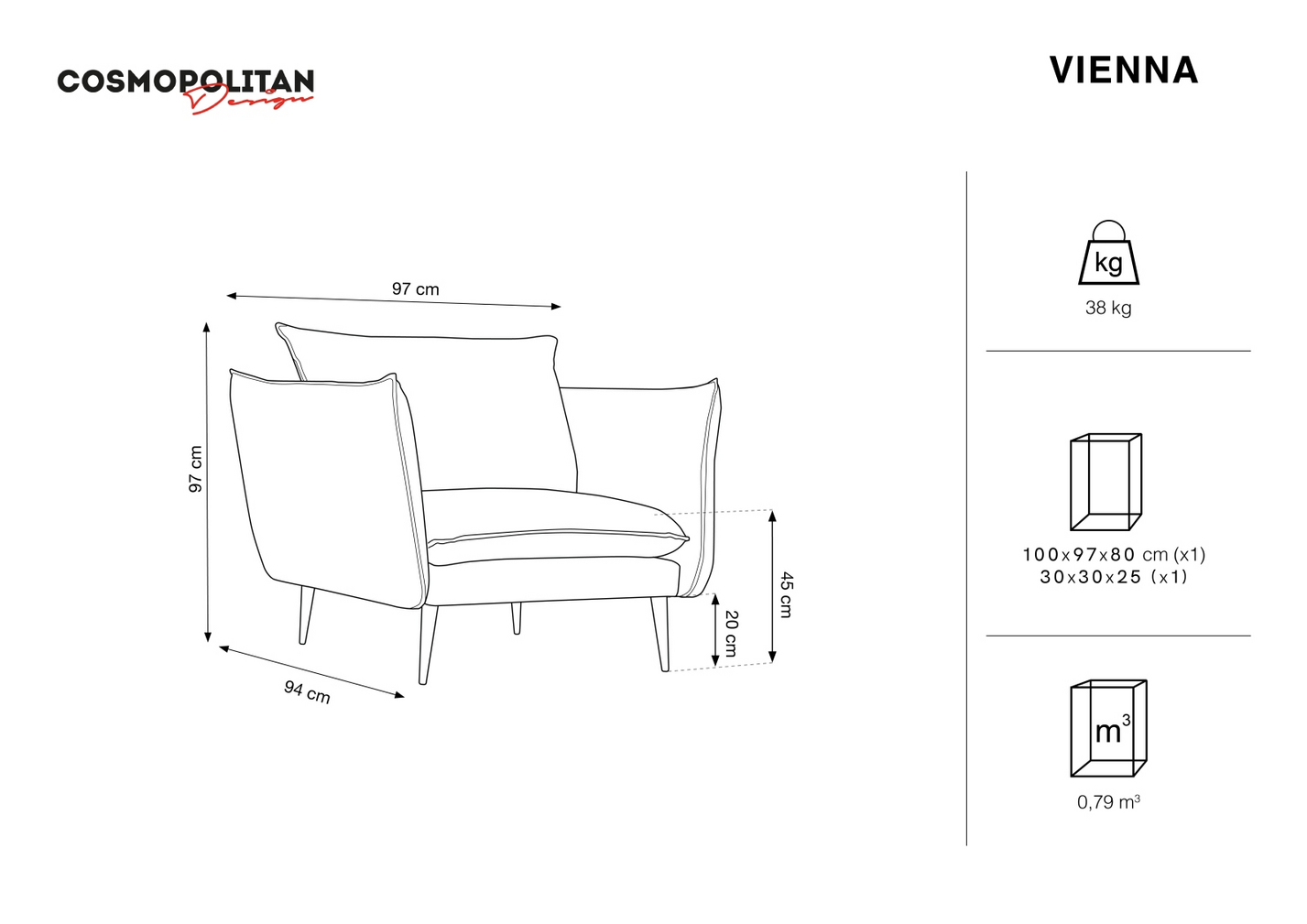 Cosmopolitan Design lænestol, "Vienna", 1-personers, 97 × 94 × 95 cm, Positano, guldfarvede metalben