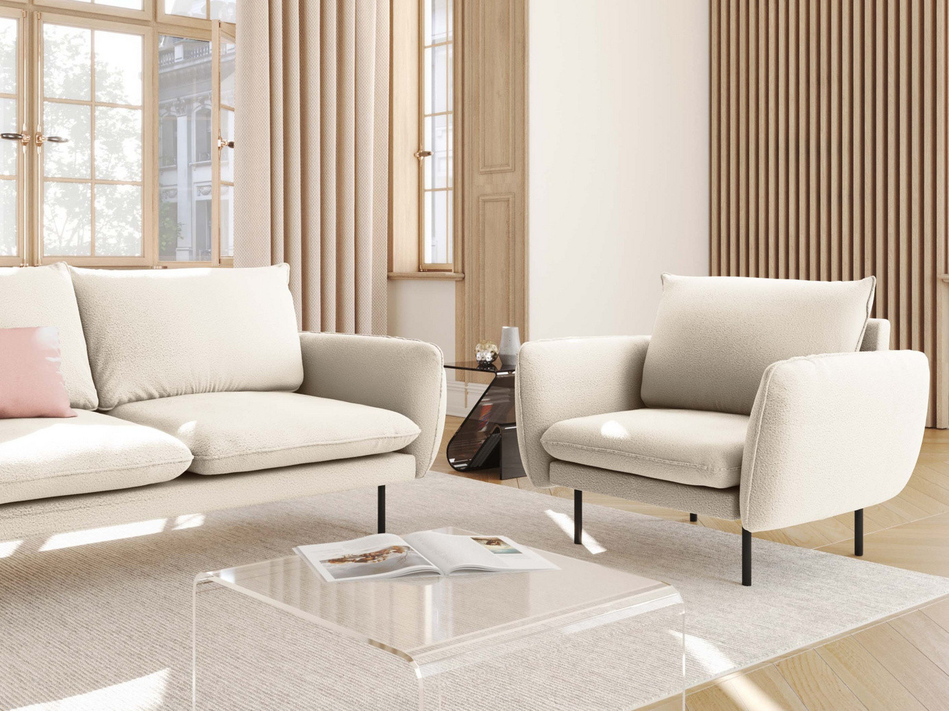 Cosmopolitan Design bouclé-lænestol, "Vienna", 1-personers, 97 × 94 × 95 cm, Ascot, sorte metalben