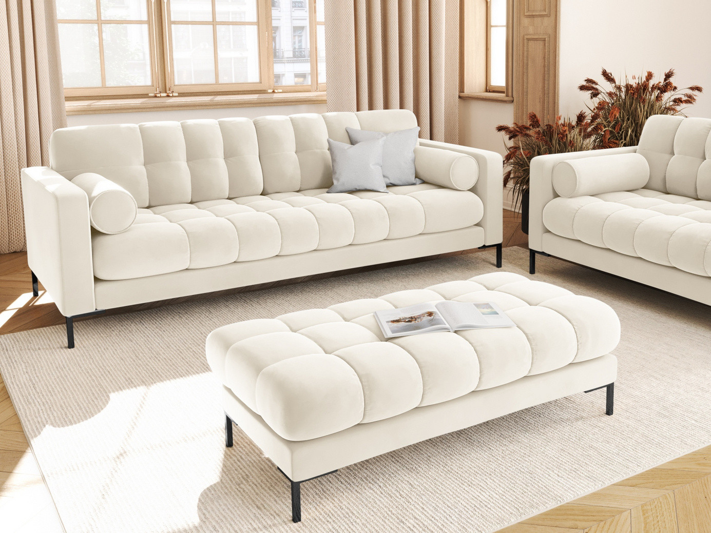 Cosmopolitan Design velourbænk, "Bali", 2-personers, 133 × 62 × 40 cm, Bluvel, sorte metalben