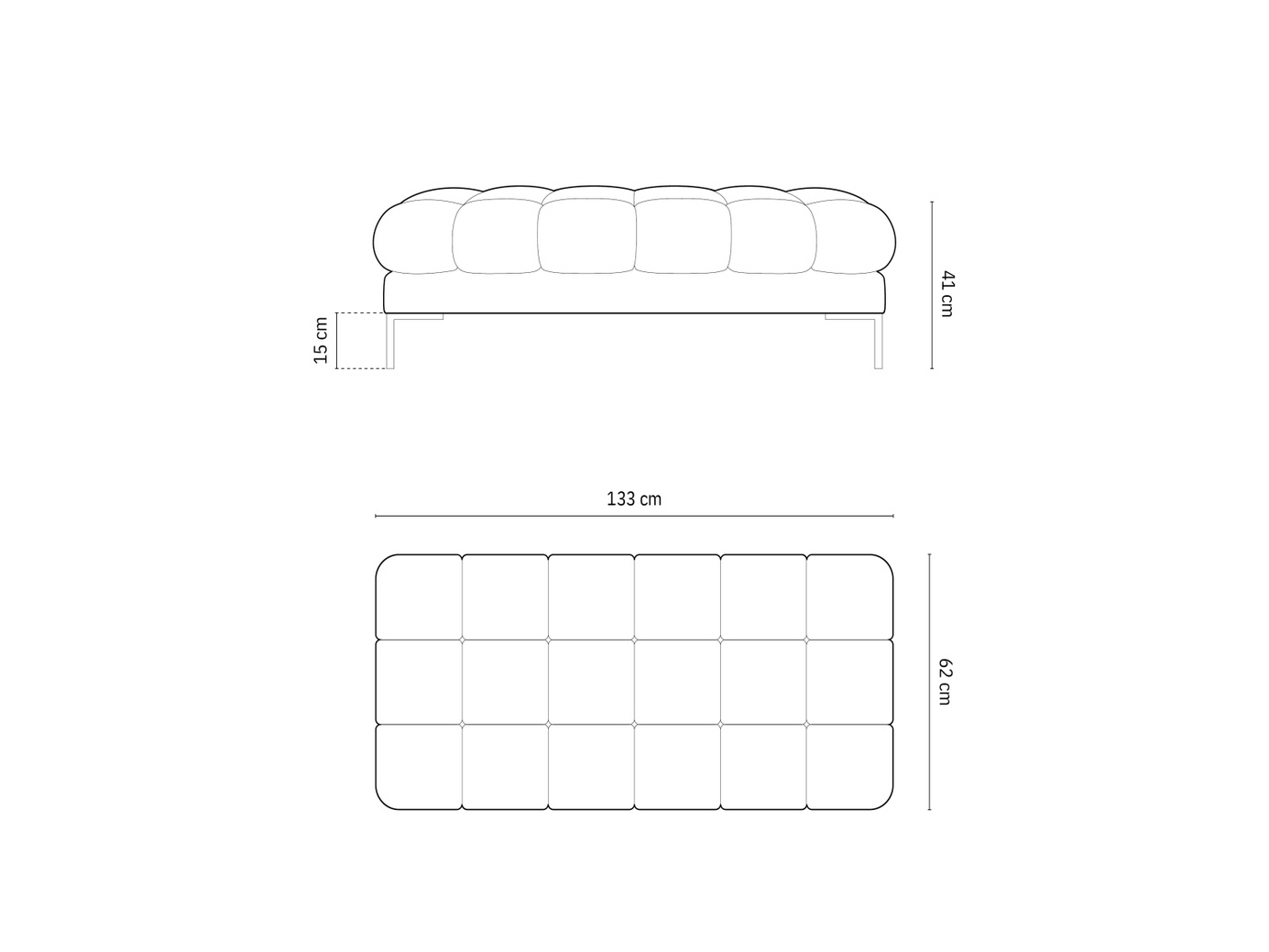 Cosmopolitan Design velourbænk, "Bali", 2-personers, 133 × 62 × 40 cm, Bluvel, sorte metalben