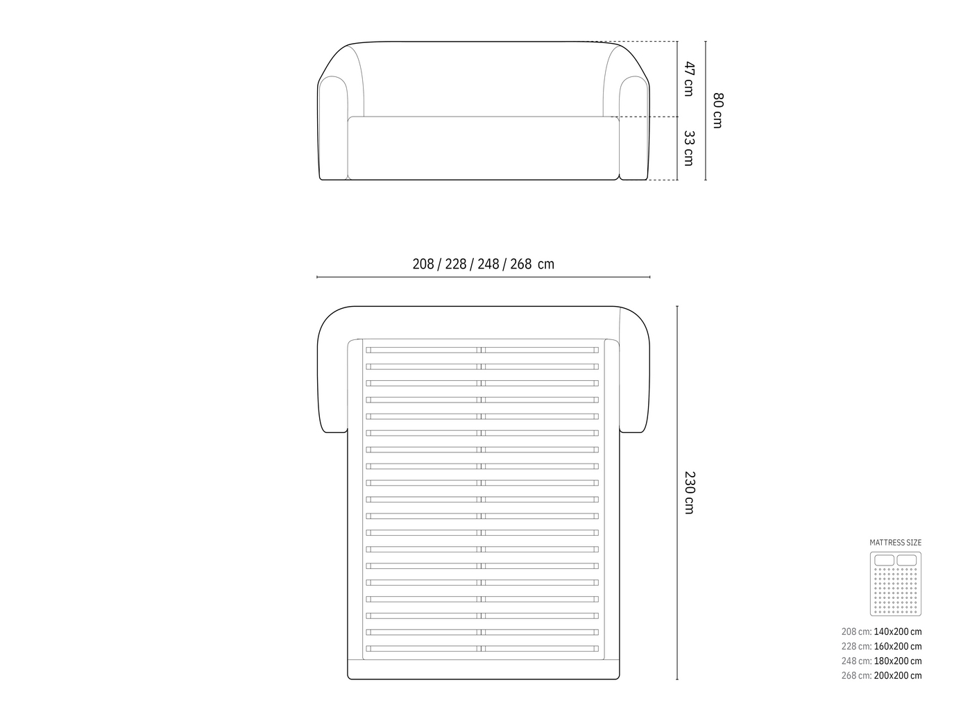 Cosmopolitan Design seng med opbevaring og sengegavl, "Campi", 208 × 230 × 80 cm, Moly, sorte plastben