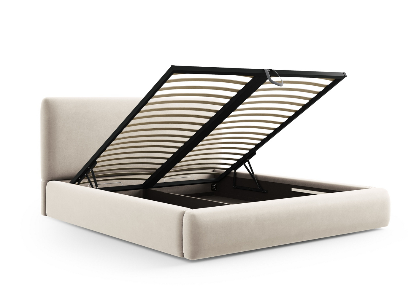 Cosmopolitan Design velourseng med opbevaring og sengegavl, "Colonel", 160 × 220 × 100 cm, Riviera, sorte plastben