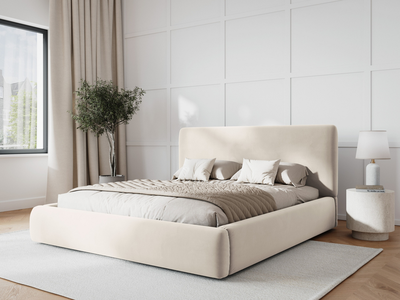 Cosmopolitan Design velourseng med opbevaring og sengegavl, "Colonel", 160 × 220 × 100 cm, Riviera, sorte plastben