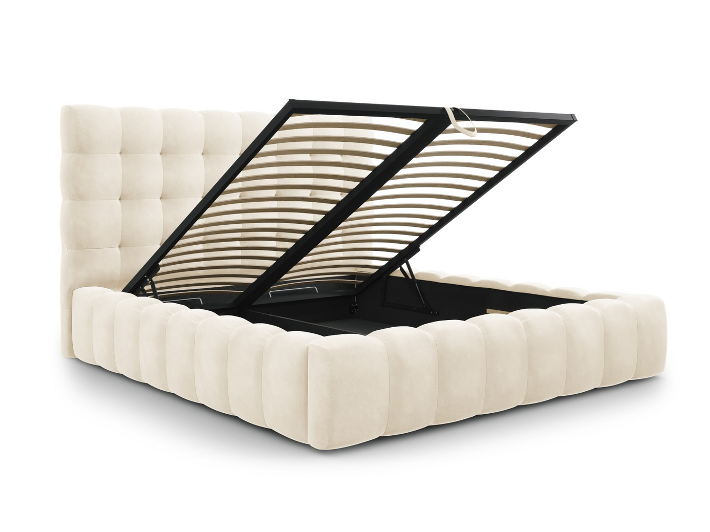 Cosmopolitan Design velourseng med opbevaring og sengegavl, "Bali", 165 × 230 × 125 cm, Bluvel, sorte plastben