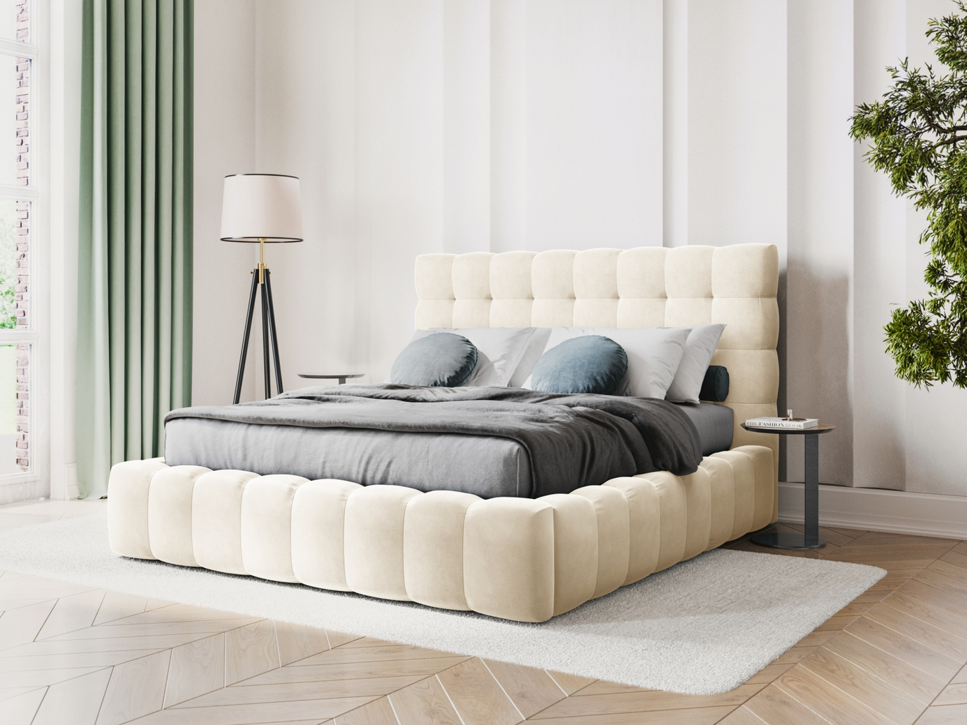 Cosmopolitan Design velourseng med opbevaring og sengegavl, "Bali", 165 × 230 × 125 cm, Bluvel, sorte plastben