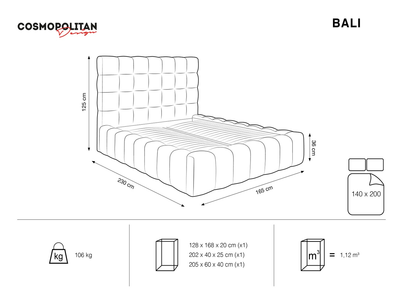 Cosmopolitan Design velourseng med opbevaring og sengegavl, "Bali", 165 × 230 × 125 cm, Bluvel, sorte plastben