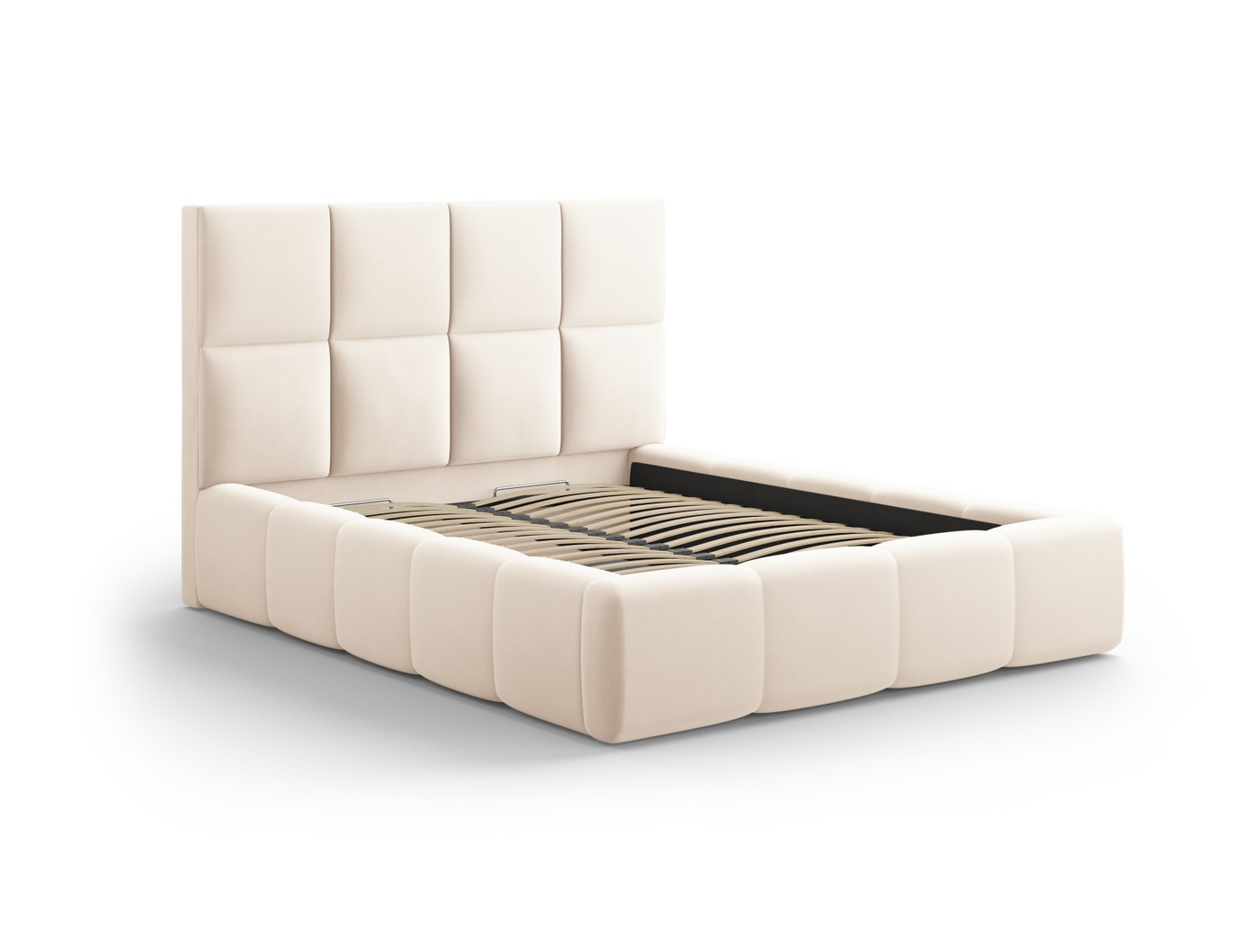 Cosmopolitan Design velourseng med opbevaring og sengegavl, "Livigno", 185 × 230 × 125 cm, Bluvel, sorte plastben
