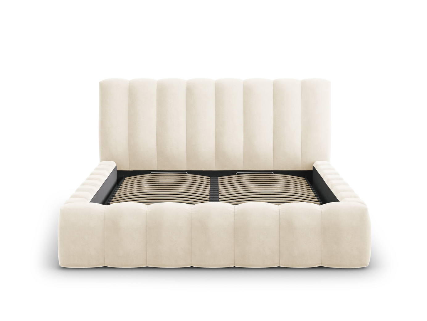Cosmopolitan Design velourseng med opbevaring og sengegavl, "Palma", 185 × 230 × 94 cm, Bluvel, sorte plastben