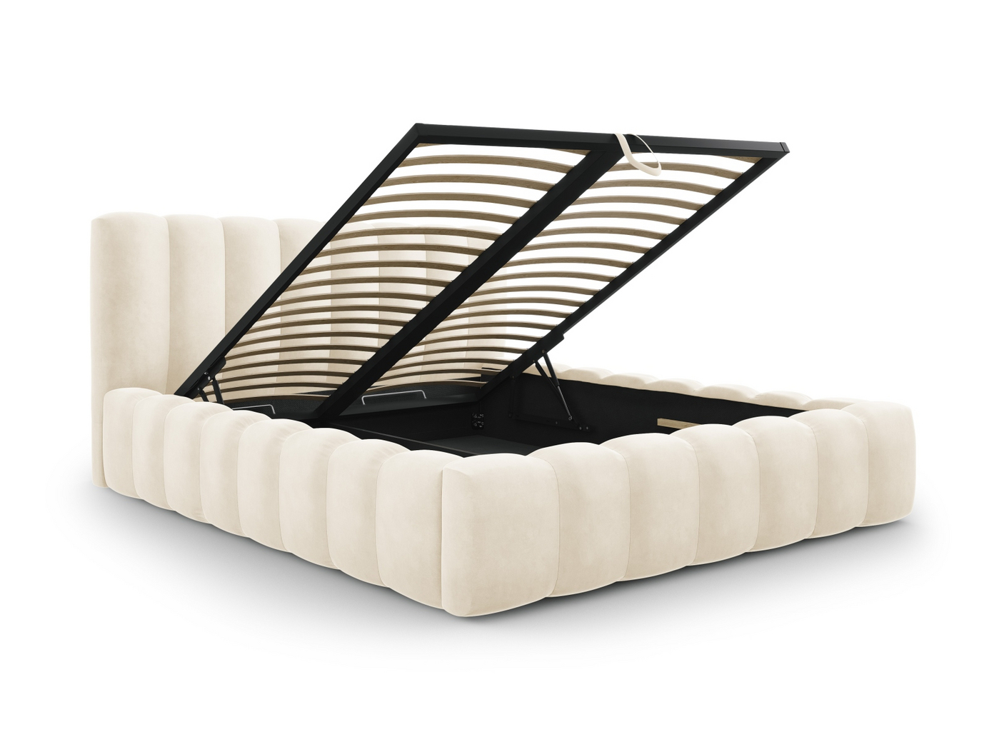 Cosmopolitan Design velourseng med opbevaring og sengegavl, "Palma", 185 × 230 × 94 cm, Bluvel, sorte plastben
