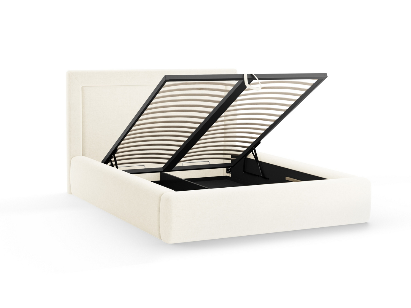 Cosmopolitan Design bouclé-seng med opbevaring og sengegavl, "Kemer", 205 × 230 × 120 cm, Baloo, sorte plastben
