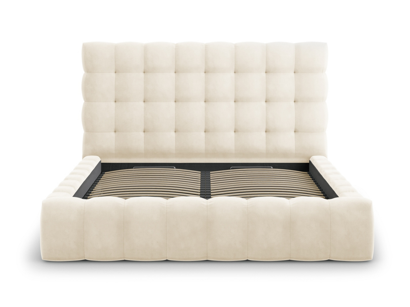 Cosmopolitan Design velourseng med opbevaring og sengegavl, "Bali", 205 × 230 × 125 cm, Bluvel, sorte plastben