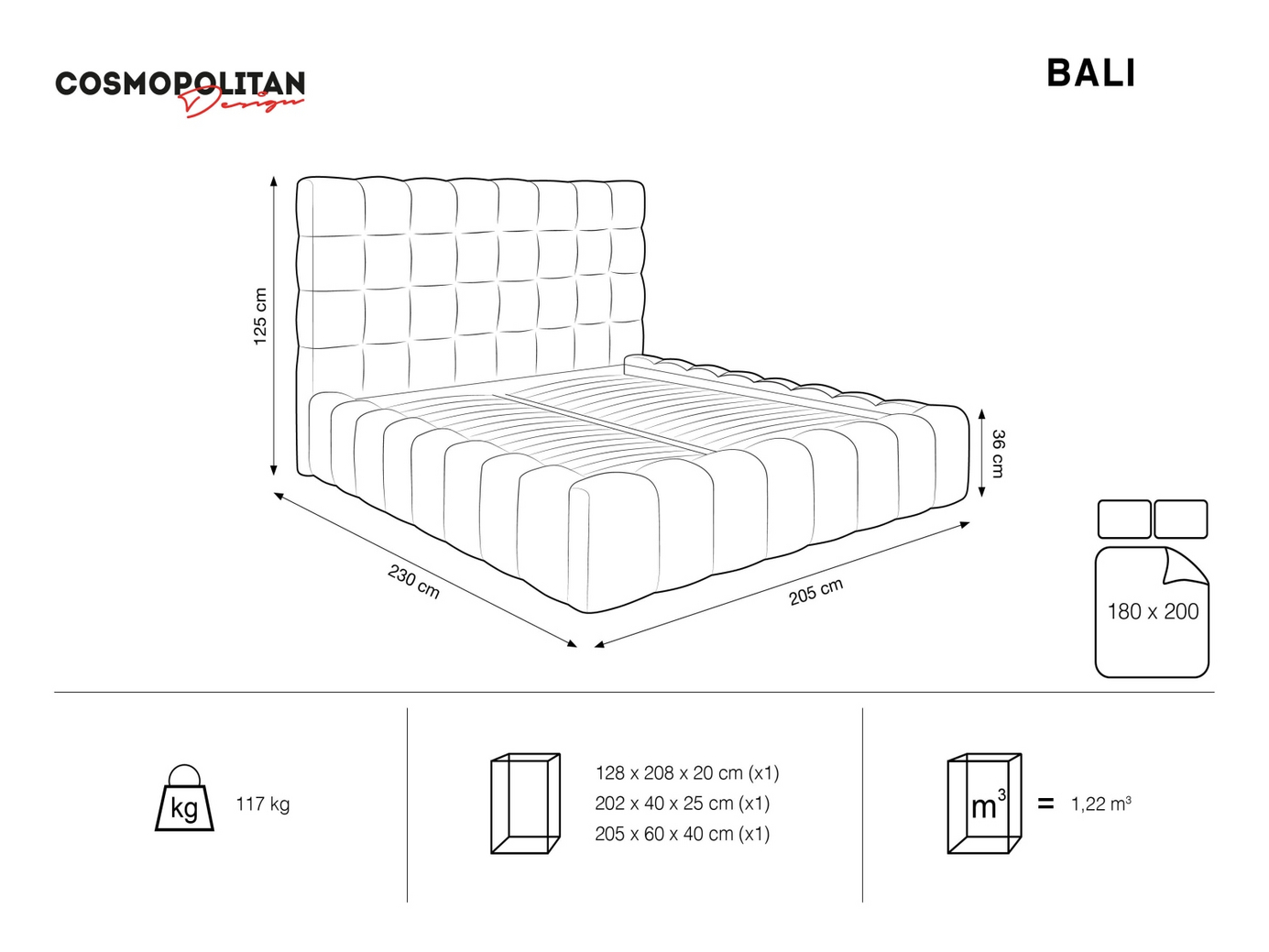 Cosmopolitan Design velourseng med opbevaring og sengegavl, "Bali", 205 × 230 × 125 cm, Bluvel, sorte plastben