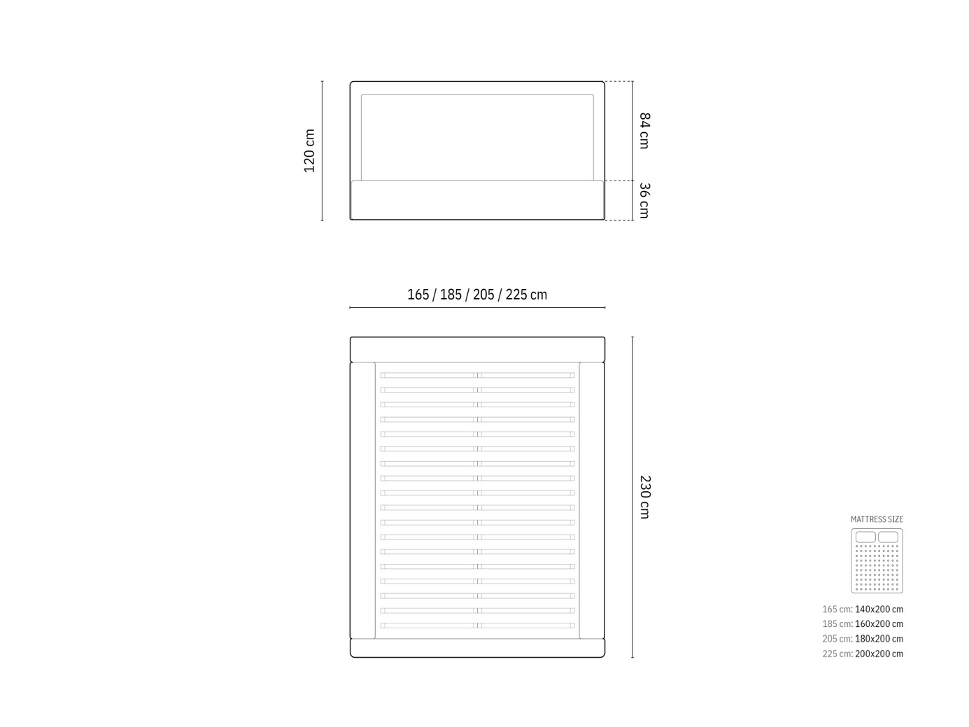 Cosmopolitan Design bouclé-seng med opbevaring og sengegavl, "Kemer", 225 × 230 × 120 cm, Baloo, sorte plastben