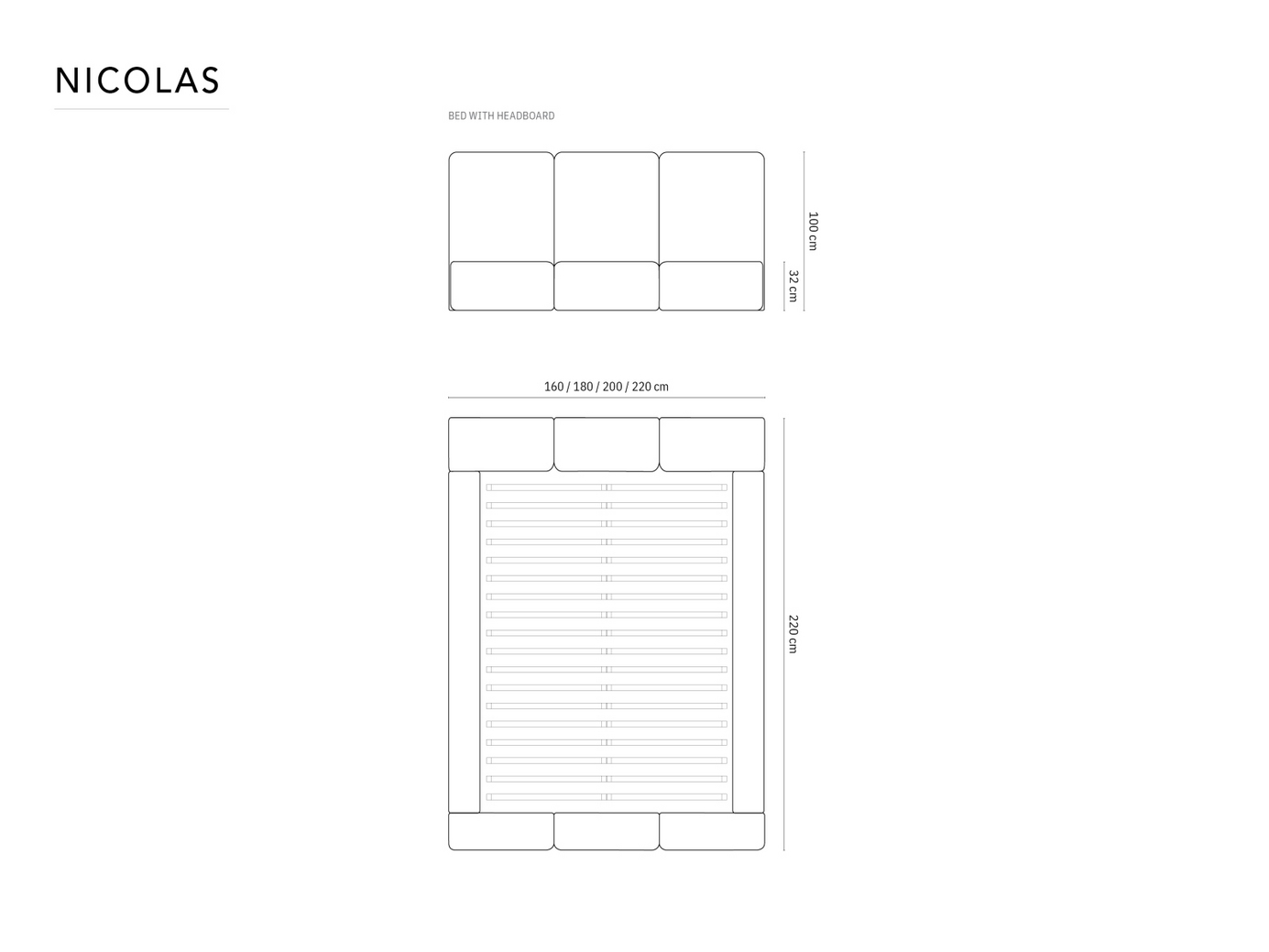 Cosmopolitan Design velourseng med opbevaring og sengegavl, "Nicolas", 220 × 220 × 100 cm, Riviera, sorte plastben