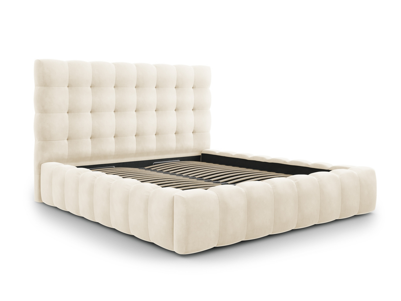 Cosmopolitan Design velourseng med opbevaring og sengegavl, "Bali", 225 × 230 × 125 cm, Bluvel, sorte plastben