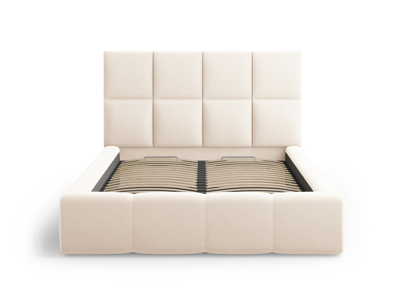 Cosmopolitan Design velourseng med opbevaring og sengegavl, "Livigno", 225 × 230 × 125 cm, Bluvel, sorte plastben