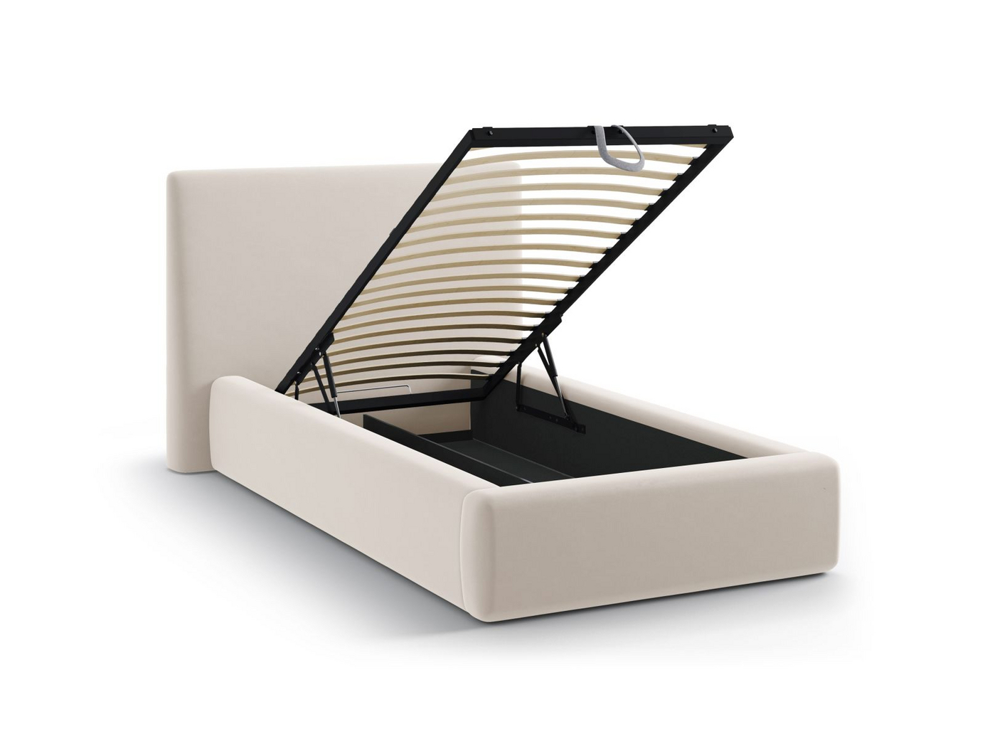 Cosmopolitan Design velourseng med opbevaring og sengegavl, "Asti", 130 × 220 × 95 cm, Magic Velvet, sorte plastben