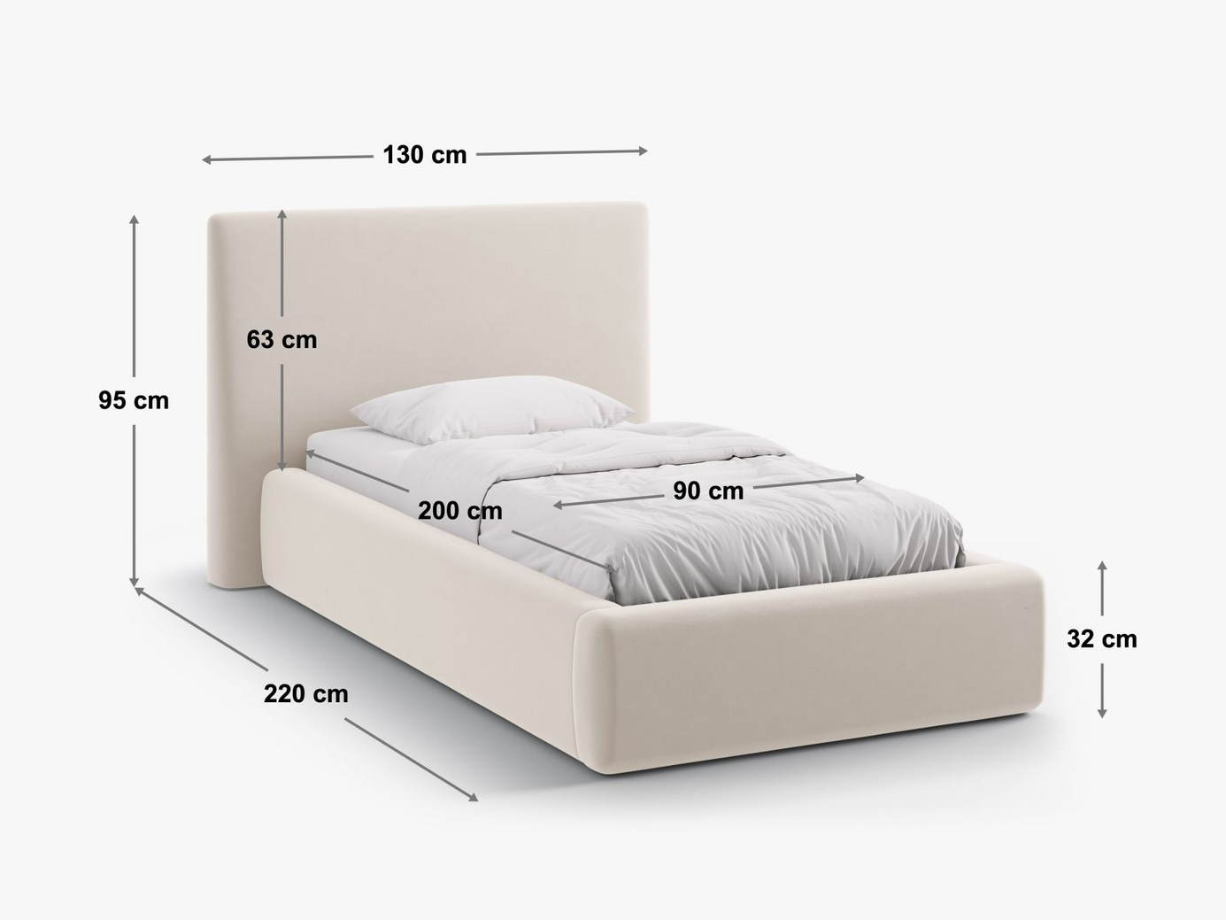 Cosmopolitan Design seng med opbevaring og sengegavl, "Asti", 130 × 220 × 95 cm, Moly, sorte plastben