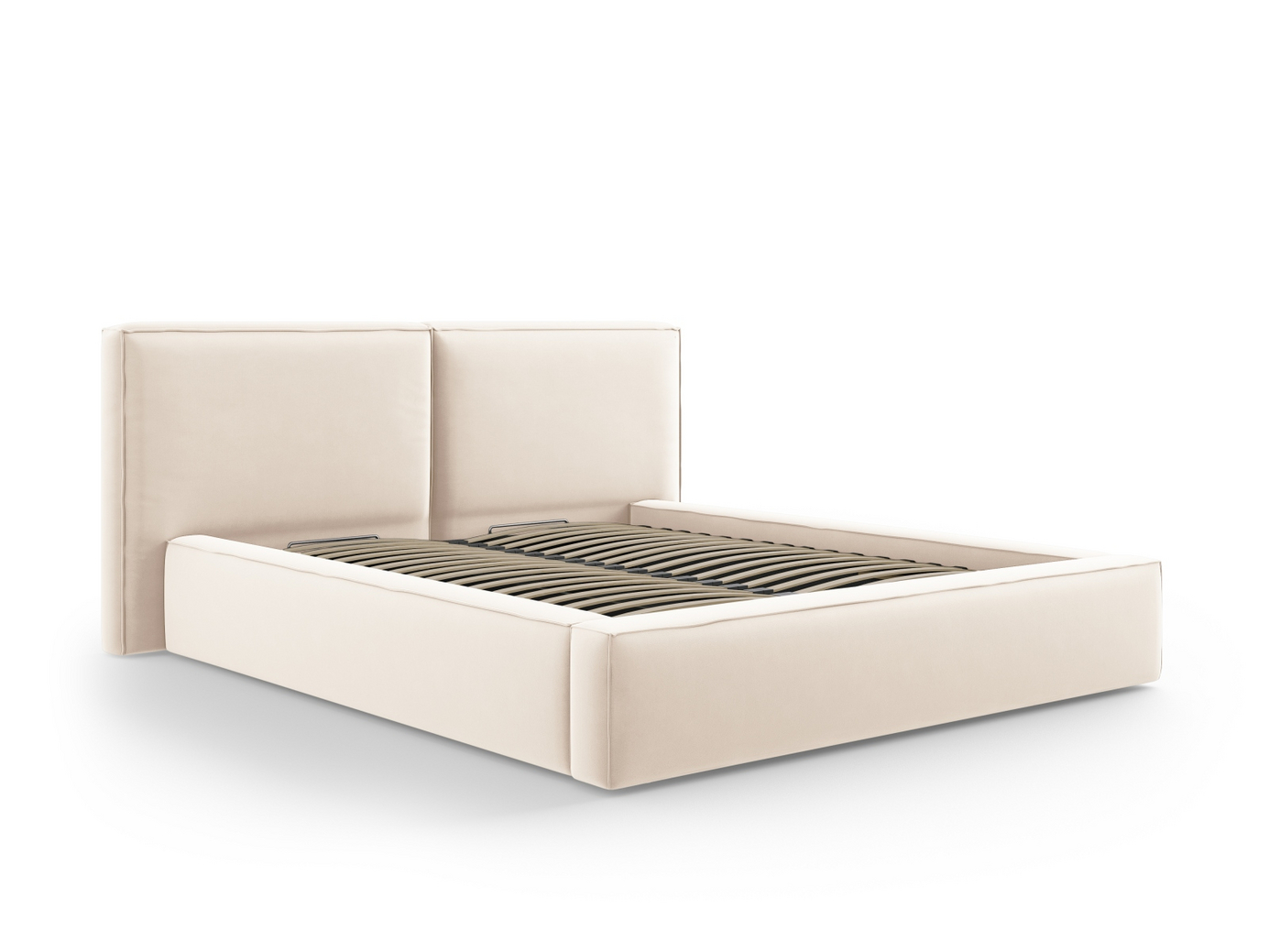 Cosmopolitan Design velourseng med opbevaring og dobbelt sengegavl, "Arendal", 194 × 228 × 97,5 cm, Bluvel, sorte plastben