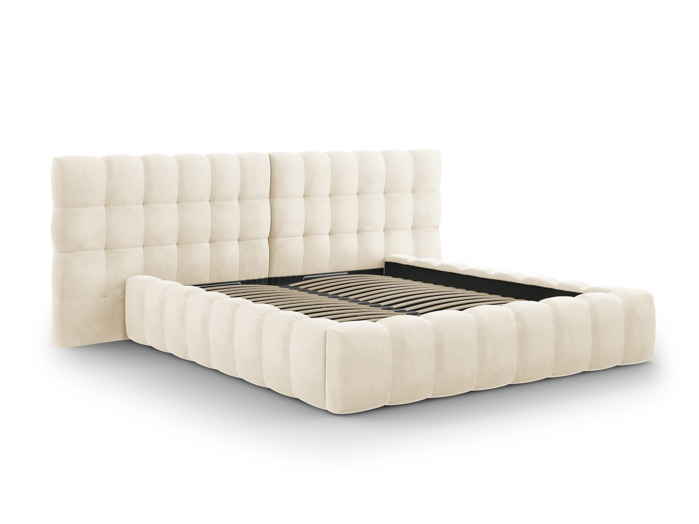 Cosmopolitan Design velourseng med opbevaring og dobbelt sengegavl, "Bali", 200 × 230 × 100 cm, Bluvel, sorte plastben