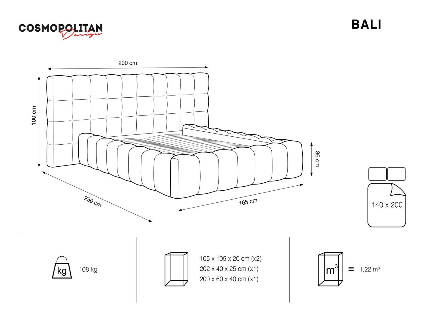 Cosmopolitan Design velourseng med opbevaring og dobbelt sengegavl, "Bali", 200 × 230 × 100 cm, Bluvel, sorte plastben