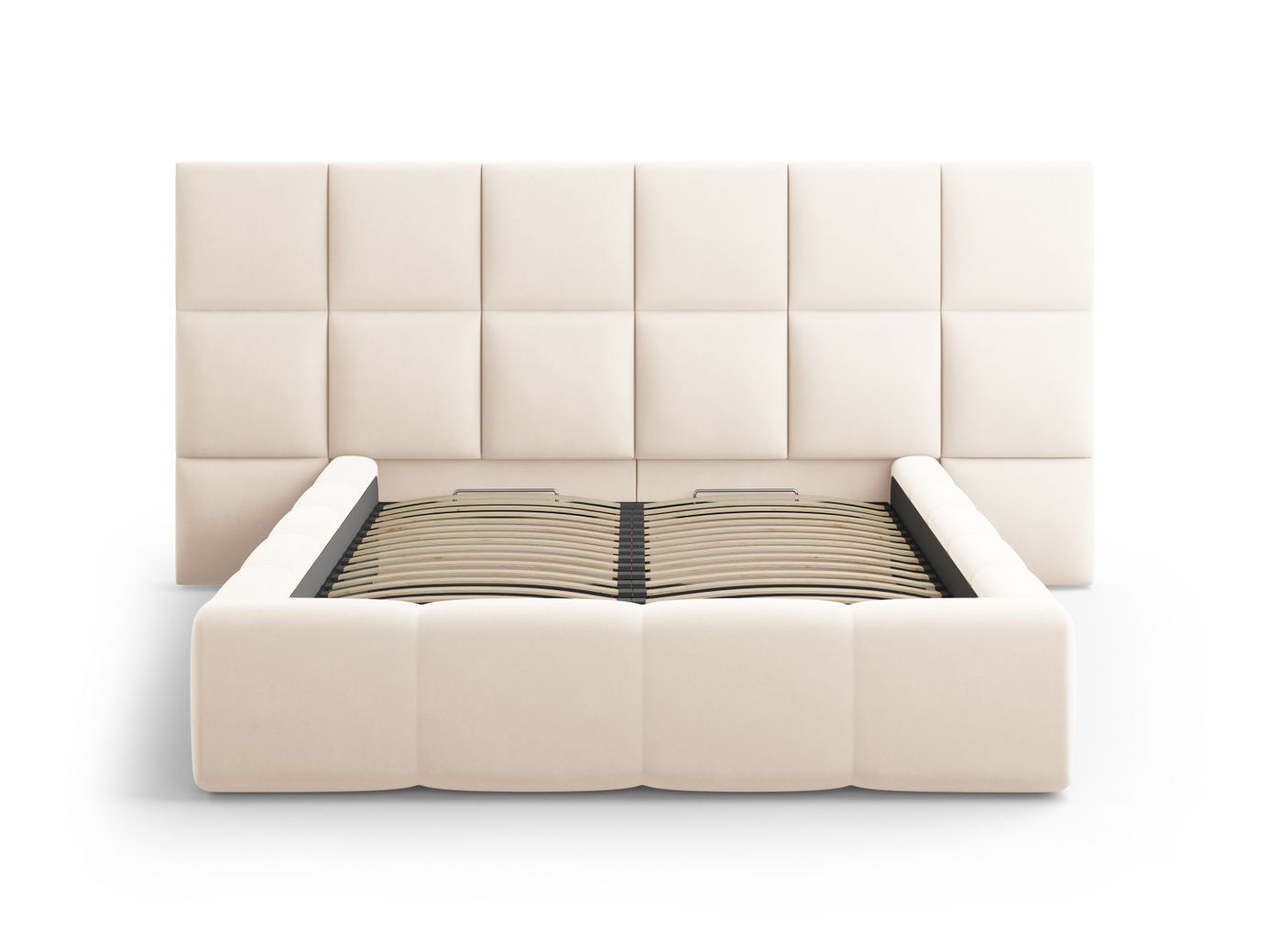 Cosmopolitan Design velourseng med opbevaring og dobbelt sengegavl, "Livigno", 200 × 230 × 125 cm, Bluvel, sorte plastben