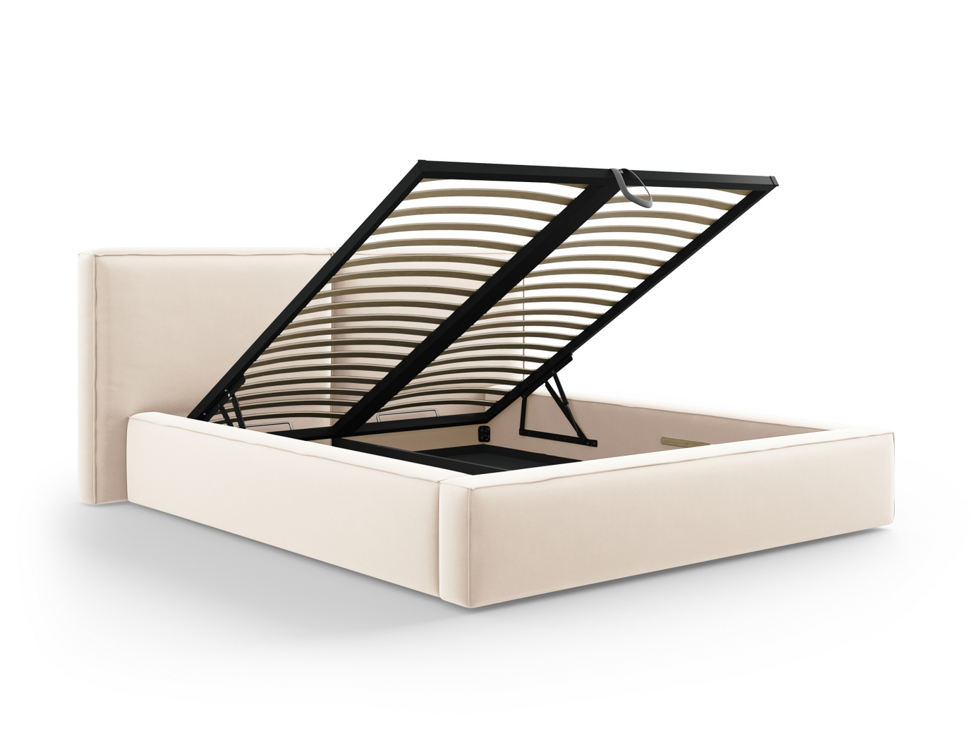 Cosmopolitan Design velourseng med opbevaring og dobbelt sengegavl, "Arendal", 214 × 228 × 97,5 cm, Bluvel, sorte plastben