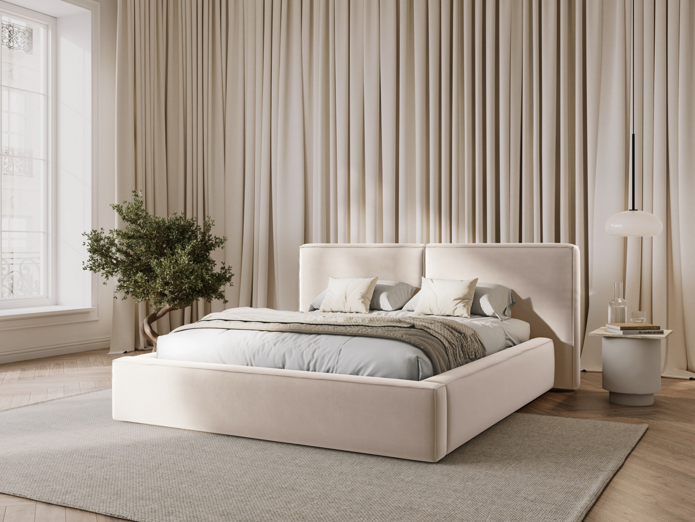 Cosmopolitan Design velourseng med opbevaring og dobbelt sengegavl, "Arendal", 214 × 228 × 97,5 cm, Bluvel, sorte plastben