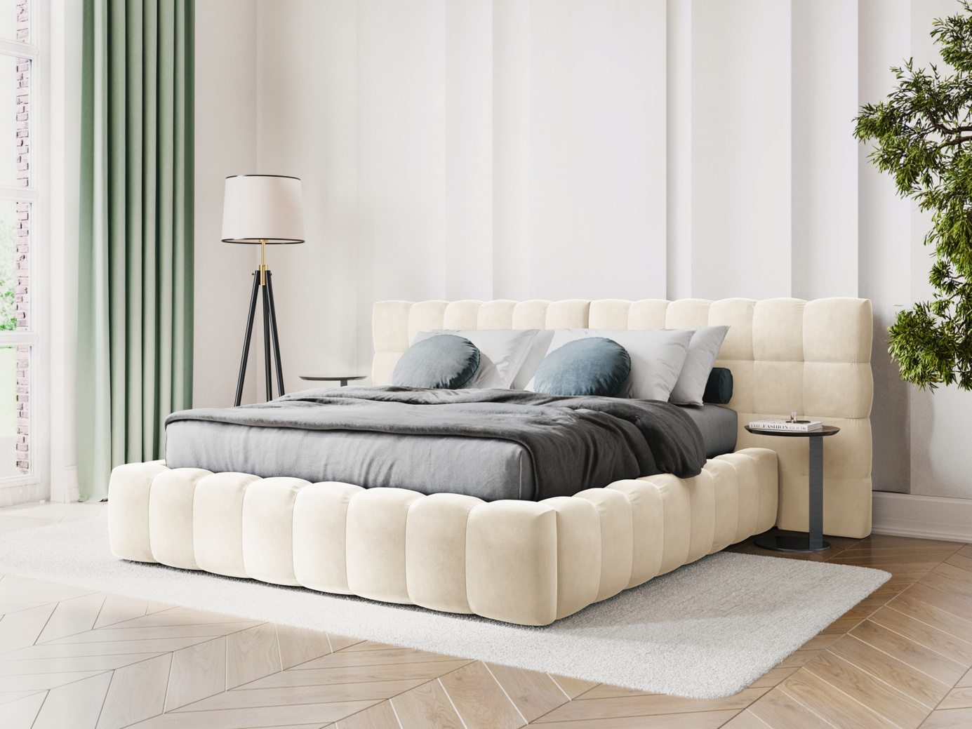 Cosmopolitan Design velourseng med opbevaring og dobbelt sengegavl, "Bali", 250 × 230 × 100 cm, Bluvel, sorte plastben