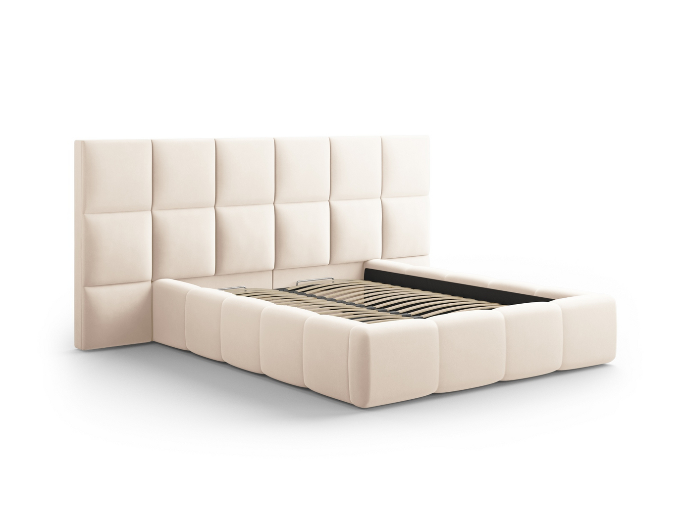Cosmopolitan Design velourseng med opbevaring og dobbelt sengegavl, "Livigno", 250 × 230 × 125 cm, Bluvel, sorte plastben