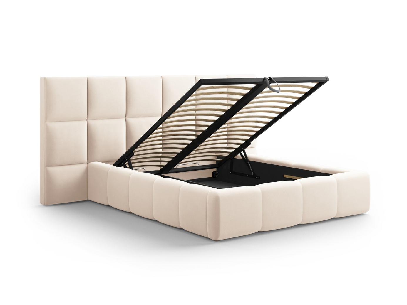 Cosmopolitan Design velourseng med opbevaring og dobbelt sengegavl, "Livigno", 250 × 230 × 125 cm, Bluvel, sorte plastben