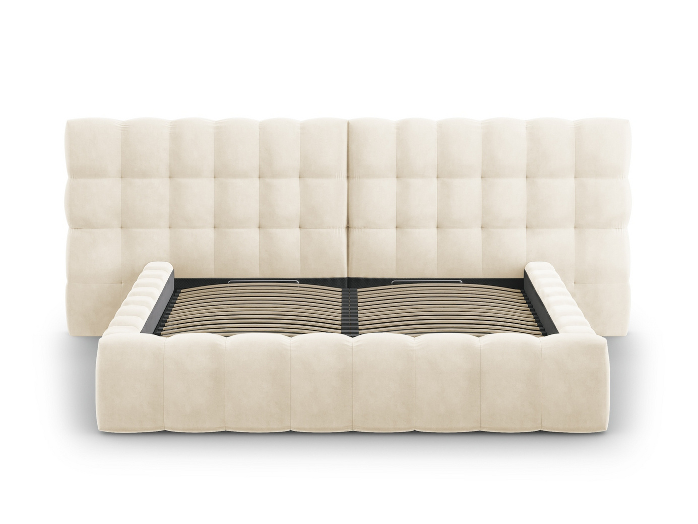 Cosmopolitan Design velourseng med opbevaring og dobbelt sengegavl, "Bali", 300 × 230 × 100 cm, Bluvel, sorte plastben