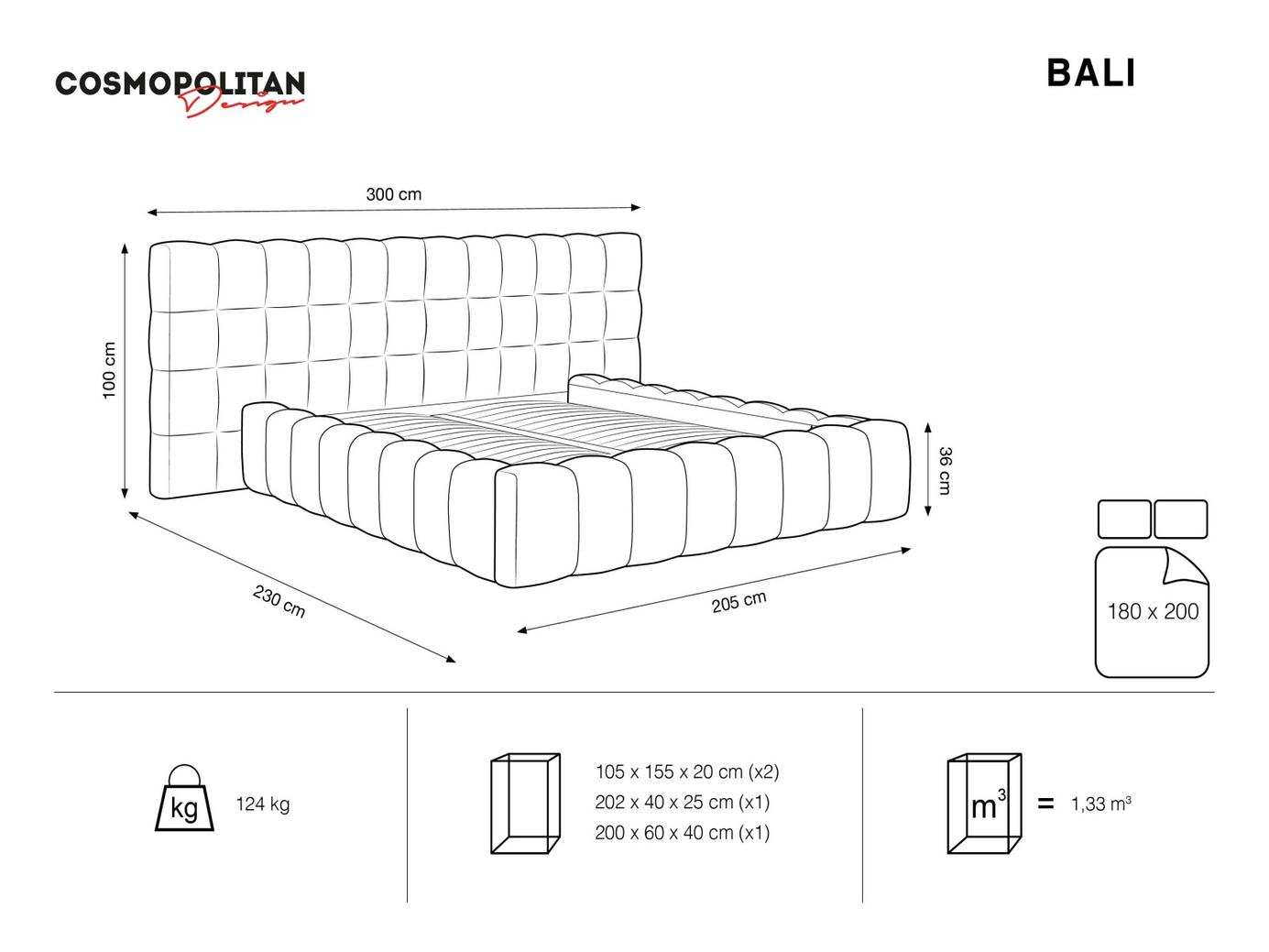 Cosmopolitan Design velourseng med opbevaring og dobbelt sengegavl, "Bali", 300 × 230 × 100 cm, Bluvel, sorte plastben
