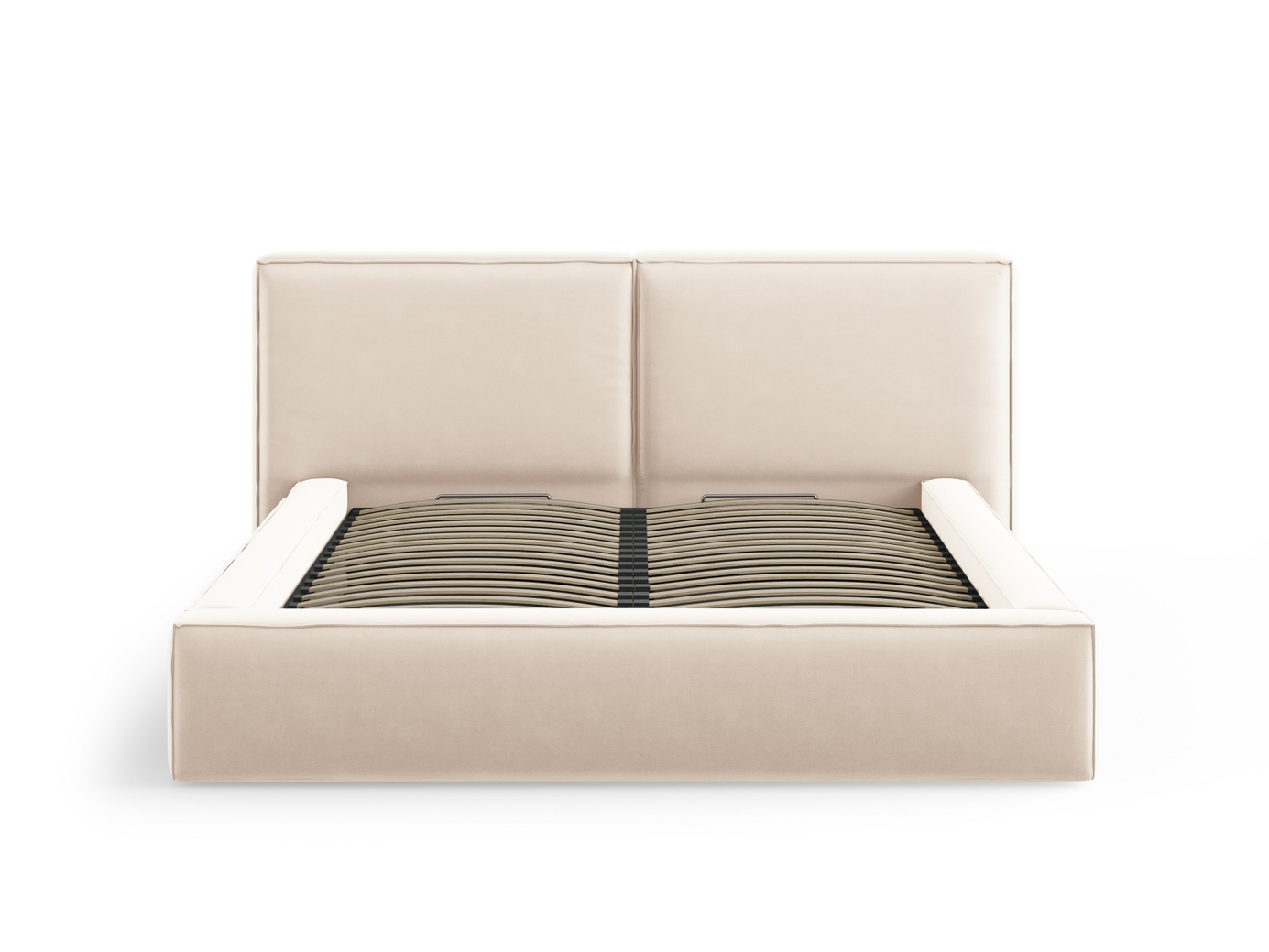 Cosmopolitan Design velourseng med opbevaring og dobbelt sengegavl, "Arendal", 251 × 228 × 97,5 cm, Bluvel, sorte plastben