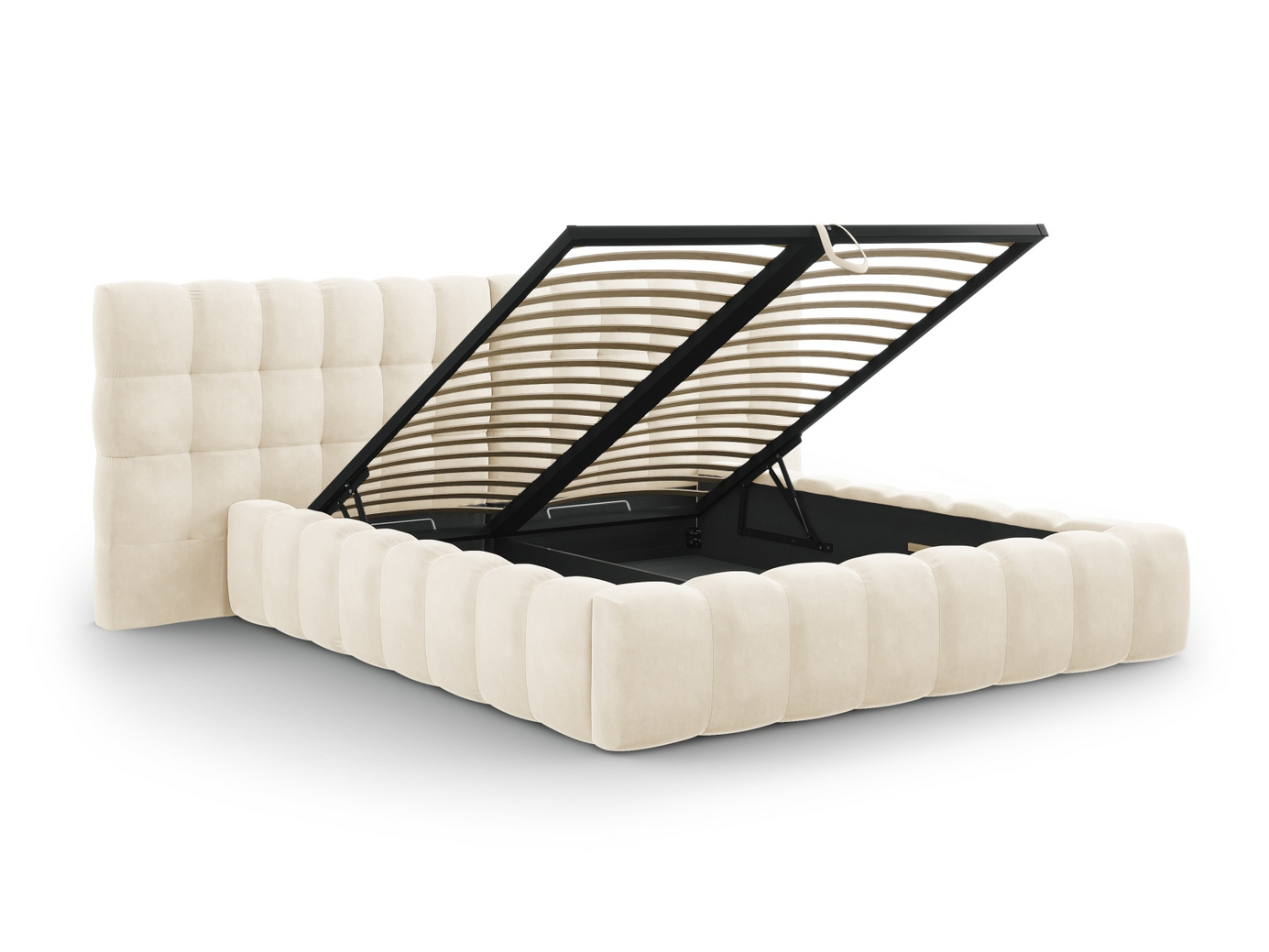 Cosmopolitan Design velourseng med opbevaring og dobbelt sengegavl, "Bali", 350 × 230 × 100 cm, Bluvel, sorte plastben